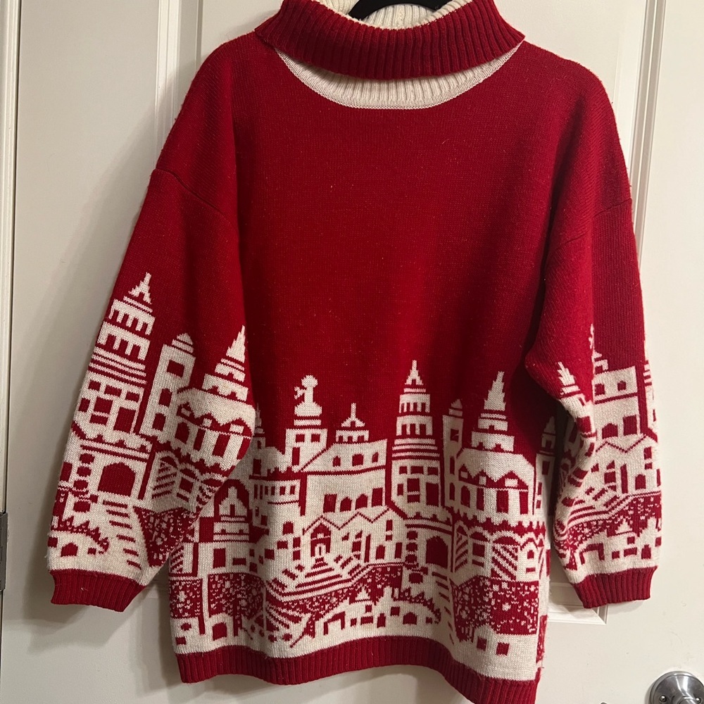 Richard & Co Red Vintage Christmas Sweater with City Outlines